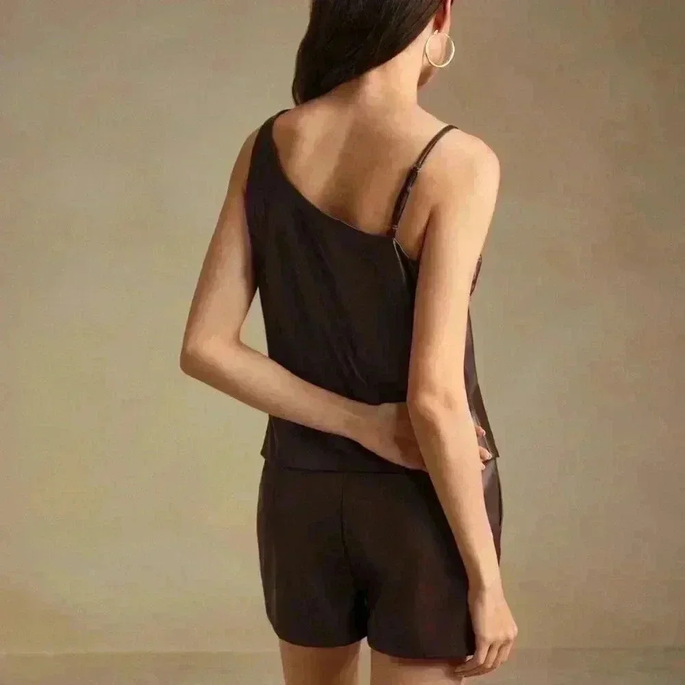 Merlot Preppy Women's Ruched Asymmetric Hem PU Sleeveless Top